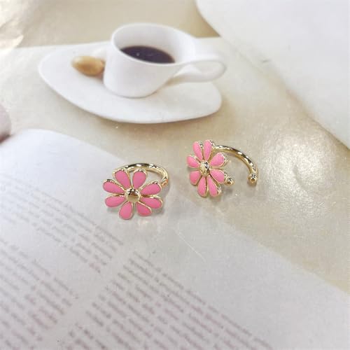 Cute Daisy Flower Ear Cuff Earring Cartilage Clip On Non Piercing Lovely Sweet 14K Gold Plated White/Pink Enamel Floral Fake Huggie Hoops Earrings for Women Hypoallergenic Fashion Trendy Jewelry Gifts 14*15mm - color: Pink