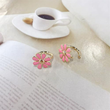 Cute Daisy Flower Ear Cuff Earring Cartilage Clip On Non Piercing Lovely Sweet 14K Gold Plated White/Pink Enamel Floral Fake Huggie Hoops Earrings for Women Hypoallergenic Fashion Trendy Jewelry Gifts 14*15mm - color: Pink