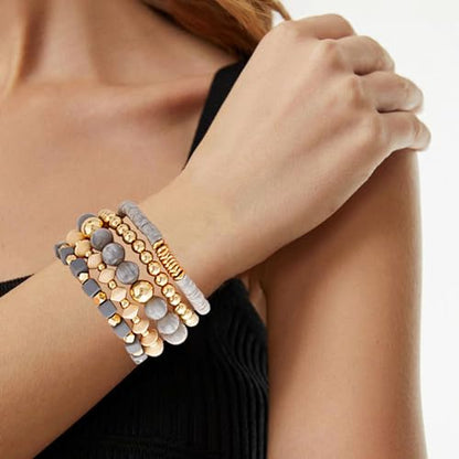 Boho Beaded Stretch Bracelets For Women Stackable Crystal Gold Plated Beaded Bracelets Set Trendy Handmade Friendship Braeclet Jewelry Gifts - color: F-Wooden bead set