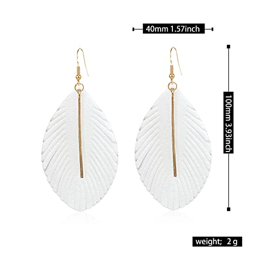 YUNXI Large Genuine Soft Leather Handmade Fringe Feather Lightweight Leaf with Simple Drop Metal Bar Tear Drop Dangle Color Earrings for Women - color: White
