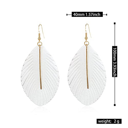 YUNXI Large Genuine Soft Leather Handmade Fringe Feather Lightweight Leaf with Simple Drop Metal Bar Tear Drop Dangle Color Earrings for Women - color: White