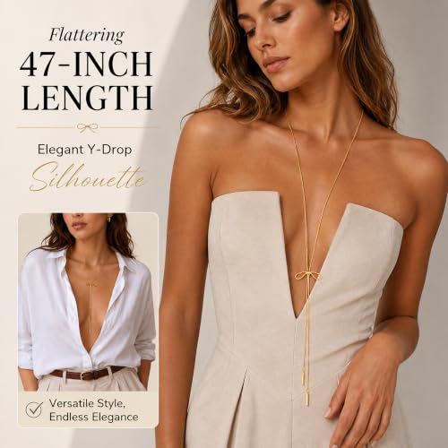 YUJIE Long Gold Y Necklace for Women - Adjustable Lariat Pendant Snake Chain, 14K Gold Plated Dainty Teardrop Necklace for Trendy & Formal Wear - color: bow