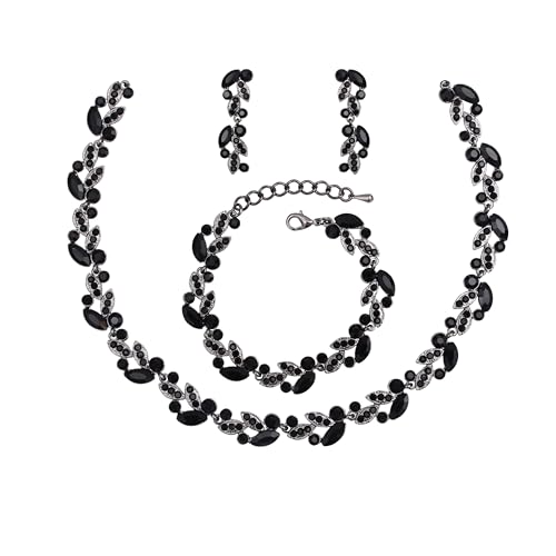 QLLYHLH Woman’s Brides Bridesmaid Leaf Choker Necklace Dangle Earrings Link Bracelet Austrian Crystal Wedding Jewelry Set Prom Costume Party Events | Brides, Bridesmaid, Prom, Events, Costume Party, Leaf - color: Black-Gun Plated