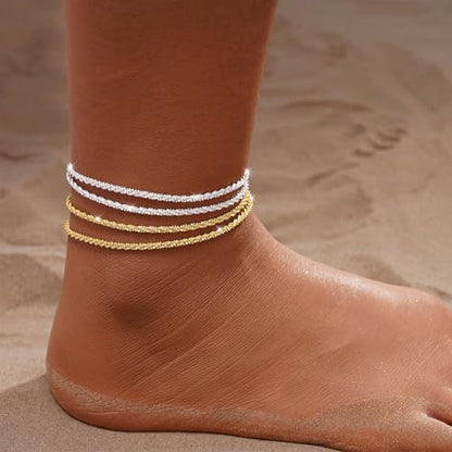Gold/Silver Ankle Bracelets for Women,14K Gold Anklets for Women Waterproof Sparkly Chain Rhinestone Anklets Set Stackable Layered Anklet Bracelets for Women Beach Gold Jewelry Gift - style: Layered Sparkly GD/SL
