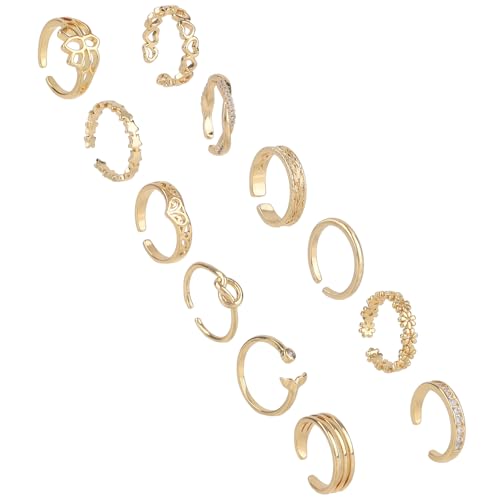 12pcs Toe Rings, 12 Styles Adjustable Copper Open Toe Ring Gold Foot Decoration Jewelry Set for Women Summer Beach