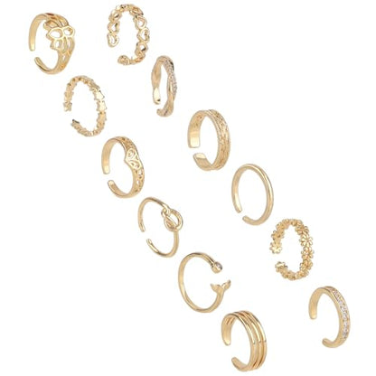 12pcs Toe Rings, 12 Styles Adjustable Copper Open Toe Ring Gold Foot Decoration Jewelry Set for Women Summer Beach