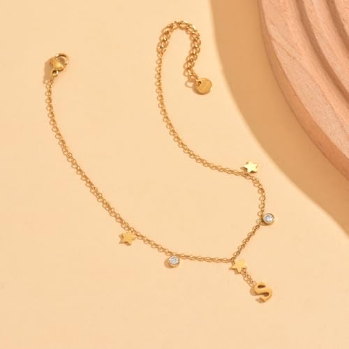 Initial Anklet for Women, 18K Gold Plated Waterproof Ankle Bracelet, Star CZ Letter A-Z Personalized Beach Foot Jewelry - color: S