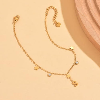 Initial Anklet for Women, 18K Gold Plated Waterproof Ankle Bracelet, Star CZ Letter A-Z Personalized Beach Foot Jewelry - color: S
