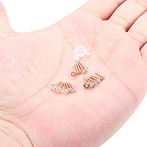 18G Nose Bone Studs Rings Pin Piercing Jewelry 1.5mm-4mm Clear Diamond CZ Ball Flat Heart Opal 4-23PCS - color: 23PCS - Rose Gold