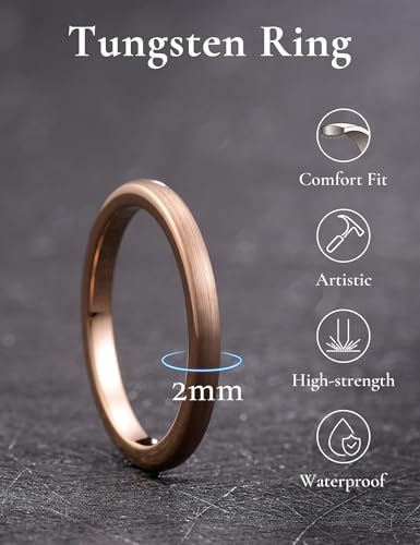 King Will Wedding Band for Men Women, 2/4/6/7/8mm Domed Matte Brushed Tungsten Carbide Rings, Solid/Dual Color Engagement Rings, Comfort Fit - color: Rose Gold-2mm