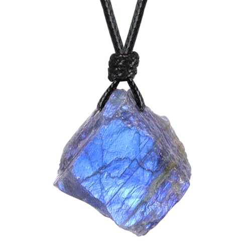 FANASY Natural Raw Crystal Necklace for Women Irregular Stone Necklaces Spiritual Gemstone Pendant with Adjustable Rope - color: Raw Labradorite
