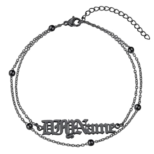 ChainsHouse Double Layer Anklet Bracelet for Women,Adjustable Chain Anklets Stackable Dainty Anklets,Stainless Steel/Gold Plated/Black Ankle Jewelry Gifts - color: C-Black-Bead Chain