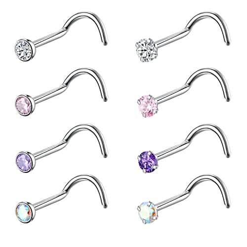 8PCS G23 Titanium Twist Screw Nose Studs 18G 20G Nose Rings 2mm 2.5mm 3mm Clear Pink Purple Aurora CZ Gold Nose Piercing Studs Nostril for Women Men - style: 20g silver mix-color cz 2.5mm