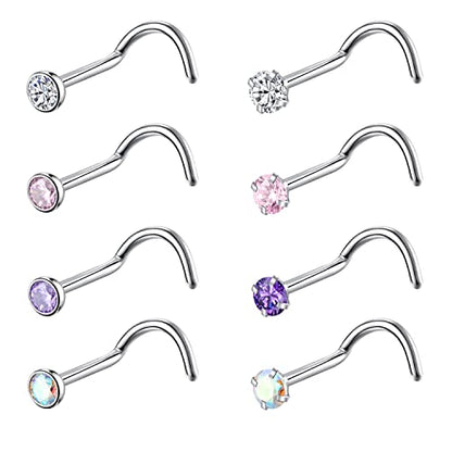 8PCS G23 Titanium Twist Screw Nose Studs 18G 20G Nose Rings 2mm 2.5mm 3mm Clear Pink Purple Aurora CZ Gold Nose Piercing Studs Nostril for Women Men - style: 20g silver mix-color cz 2.5mm