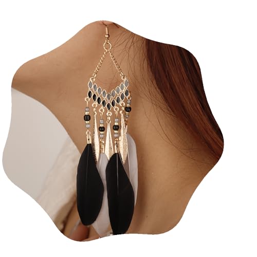 Gold Long Black Fake Feather Drop Dangle Earrings Women Statement Tassel Ethnic Beaded Earrings Hook Lightweight Boho Earrings Set Vintage Dangle Earrings Gift for Women（Black）