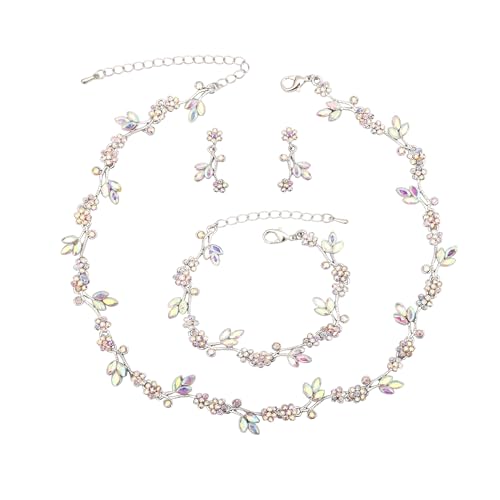 Brides Bridesmaid Flower Leaf Choker Necklace Dangle Earrings Link Bracelet Austrian Crystal Wedding Jewelry Set for Prom Costume Party Accessories for Woman - color: AB-White Platinum Plated