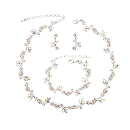 Brides Bridesmaid Flower Leaf Choker Necklace Dangle Earrings Link Bracelet Austrian Crystal Wedding Jewelry Set for Prom Costume Party Accessories for Woman - color: AB-White Platinum Plated
