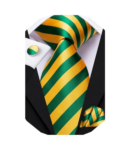 Dubulle Mens Paisley Striped Tie Woven Necktie for Men and Handkerchief Cufflinks Set Wedding Formal Business - color: Yellow Green
