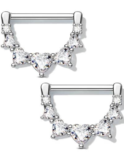 Melighting 2pcs 14G Nipple Rings Surgial Steel 316L Piercing Jewelry Shiny Heart Clear CZ Nipple Bars Rose Gold 14mm - color: white gold