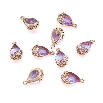 FASHEWELRY 50Pcs Faceted Transparent Glass Teardrop Pendants Crystal Glass Dangle Oval Drop Bead Charms with Golden Flower Open Back Settings for Jewelry Craft Making (Medium Purple) - color: Purple