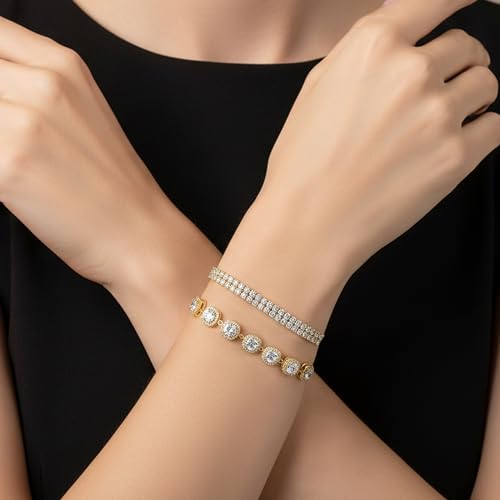 MDFUN 2 Pcs Tennis Bracelets for Women,Bracelet Adjustable Slider 6-9 Inch | 18K White/Gold Plated Cubic Zirconia Tennis Bracelet