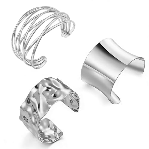 3PCS Gold Chunky Cuff Bracelets for Women Irregular Minimalist Statement Bangle Bracelets Set Open Wide Bangle Arm Cuff Upper Arm Punk Jewelry - color: 3PCS Bracelet Style 3