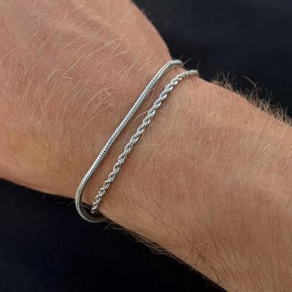 Mens Bracelet - Dainty Gold/Silver Chain Bracelet Stack 14K Gold Plated Silver Bracelets for Men Stainless Steel Adjustable Cross Charm Cuban Link Bracelet Snake Jewelry Set to Men Dad Birthday Day - color: Silver 4pcs, size: 7+2 Inch