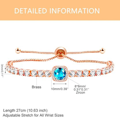 Sparkling CZ Tennis Bracelets for Women, Birthstone Slider Bolo Bracelets Trendy Birthday Valentine's Day Jewelry for Women Lady - color: Light Blue