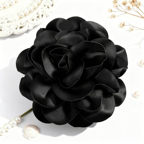 Black Extra Large Flower Brooches Lapel Pins 17.5mm Handmade Dainty Satin Fabric Rose Big Camellia Flower Brooch Pin for Women Christmas Wedding Bridal Birthday Dance Clothes Accessories Jewelry