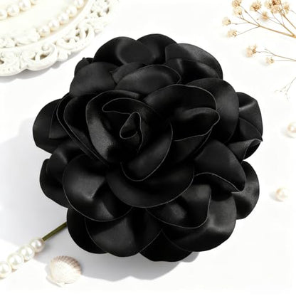 Black Extra Large Flower Brooches Lapel Pins 17.5mm Handmade Dainty Satin Fabric Rose Big Camellia Flower Brooch Pin for Women Christmas Wedding Bridal Birthday Dance Clothes Accessories Jewelry