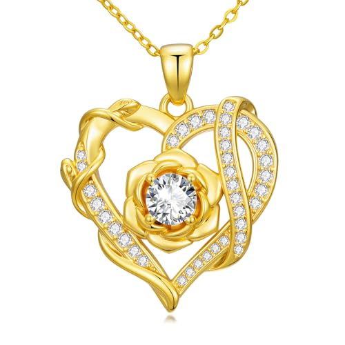 KQ&TTENG Heart Necklaces for Women 14K Gold Plating Hearts Necklace CZ Romantic Rose Pendant Mothers Day Anniversary Birthday Gift for Wife Mom Her - style: 12-Rose Ribbon Necklace