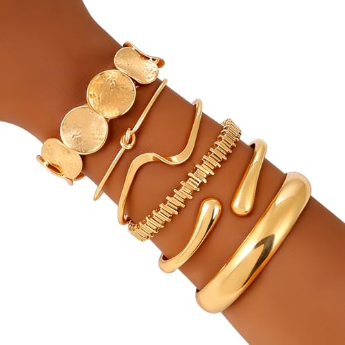 ILGANT Gold Bangle Bracelets for Women Gold Plated Chunky Cuff Bangle Bracelet Stackable Multi Layer Bangles Fashion Jewelry Set - color: Gold Bracelets-1