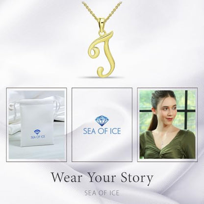 SEA OF ICE Letter Initial Necklace, Alphabet Letter Pendant Necklace, Sterling Silver, Gold, Rose Gold Necklace for Women, Elegant Initial Necklaces, Personalized Custom Women's Necklaces - color: Yellow Gold - T