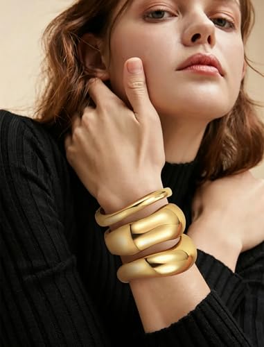 8YEARS Chunky Gold Bangle Bracelets for Women, 14k Gold Plated | Cuff Bangles, Stack Bracelet Set, Wide Trendy Fashion, Jewelry Gifts - color: D-Gold-3PCS