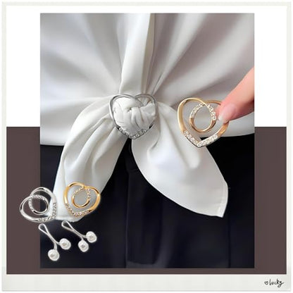 Rhinestone Heart Scarf Ring, Shirt Clip, Silver Gold, Metal, 1.5cm Inner Diameter, Fashion Clothing Accessory