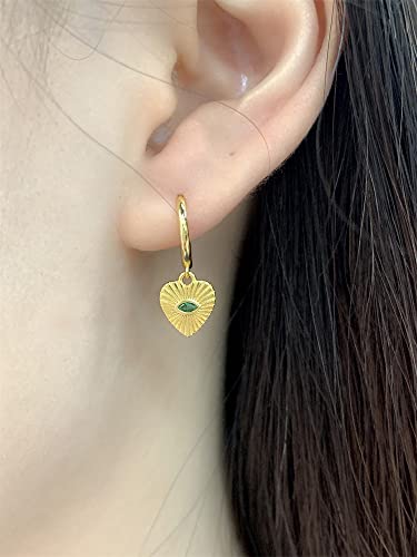 Heart Evil Eye Dangle Small Hoop Earrings for Women Girls 925 Sterling Silver Green CZ Eyes Charms Drop Dangling Huggie Hoops Cartilage Cuff Hypoallergenic Earring Gifts Birthday Christmas Valentine - color: Gold