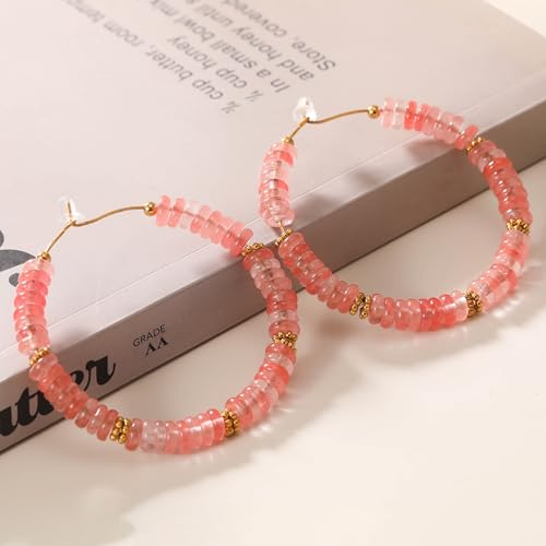 Wellike Beaded Hoop Earrings for Women Natural Stone Pink Gold Huggie Earrings Hypoallergenic Dainty Waterproof Trendy Jewelry - color: Rose Pink, size: 45mm