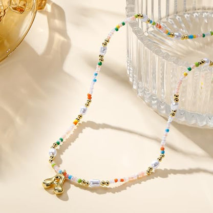 Ritach Initial Necklaces for Women Girls Kids - Light Colorful Beaded Pearl Initial Necklace Gold/Silver Bubble Pendant Letter Necklace for Women Teens Girls Kids Birthday Gifts - color: Gold, style: E