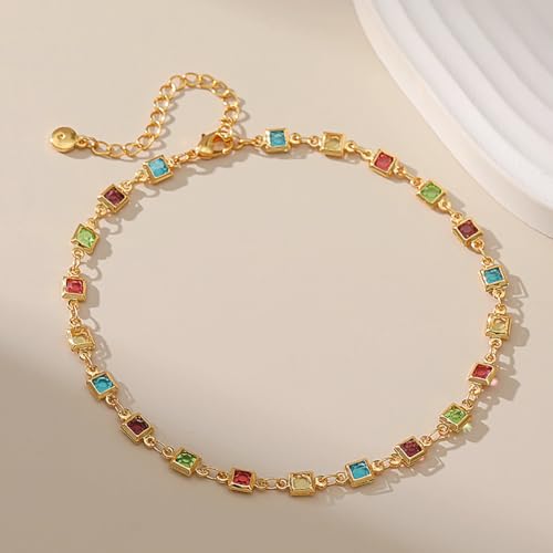 18K Gold Plated Anklet for Women Multicolor Crystal Ankle Bracelets Boho Adjustable Chain Anklets - color: Square