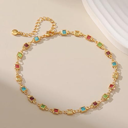 18K Gold Plated Anklet for Women Multicolor Crystal Ankle Bracelets Boho Adjustable Chain Anklets - color: Square
