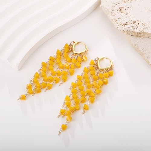 Fringe Hoop Dangle Earrings, Long Beads Tassel Chain Earrings for Women Sparkly Chandelier Earrings - color: Yellow