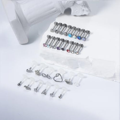 Vsnnsns 16G Lip Rings Stainless Steel Tragus Helix Conch Piercing Jewelry Snake Bite Piercing Monroe Lip Rings Labret Medusa Cartilage Lobe Earrings Studs Piercing Jewelry 6MM 8MM 10MM Silver 28PCS - style: 16G, 8MM