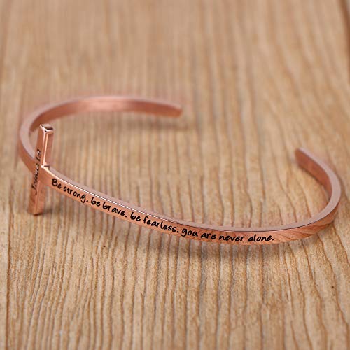 𝐂𝐫𝐨𝐬𝐬 𝐁𝐫𝐚𝐜𝐞𝐥𝐞𝐭 Religious Cuff Bangle 𝐁𝐢𝐛𝐥𝐞 𝐕𝐞𝐫𝐬𝐞 Christian Gifts Jewelry for 𝐖𝐨𝐦𝐞𝐧 - style: Rose gold-Be strong ,Be brave ,Be fearless.you are never alone -Joshua 1:9
