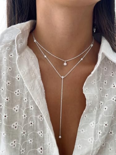 Tewiky Dainty Diamond Lariat Necklace for Women, Long Y Necklace | 14K Gold/Sterling Silver Plated Non Tarnish Necklace, Waterproof Drop Chain for Prom Wedding,Beach Summer Body Chian,Jewelry - color: Silver