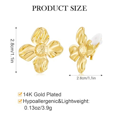 Chunky Flower Clip on Earrings for Women 14K Gold Plated No Piercing Floral Stud Earring Lightweight Jewelry Gifts - color: Flower-A-gold