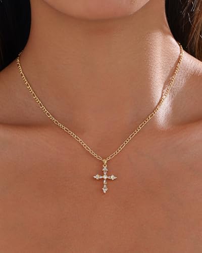 Cross Necklace for Women, 14K Gold Plated Cubic Zirconia Cross Pendant Necklace, Trendy Christian Jewelry Gifts for Baptism First Communion Christmas - color: Style K - Gold