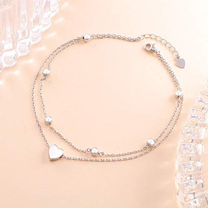 Flyow Anklet for Women S925 Sterling Silver Adjustable Foot Beaded Heart Charm Ankle Bracelet Anklets Jewelry - style: heart charm 11+1