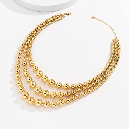 COLORFUL BLING Exaggerated Layered Beads Pendant Chunky Gold Chain Chunky Bib Statement Choker Stackable Strand Necklace for Women Hip Hop Jewelry - color: gold three layer