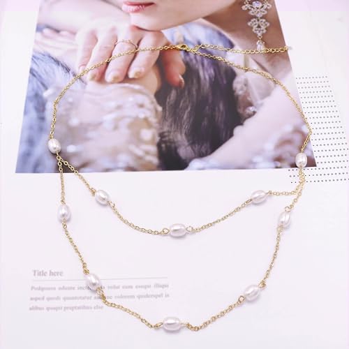 Layered Pearl Necklaces for Women 14K Gold Plated Trendy Faux Pearl Drop Y Necklace Dainty Pearl Choker Gold Layering Necklace,Jewelry Gift for Her,Mother,Wife,Girlfriend - style: Double Chain Pearl