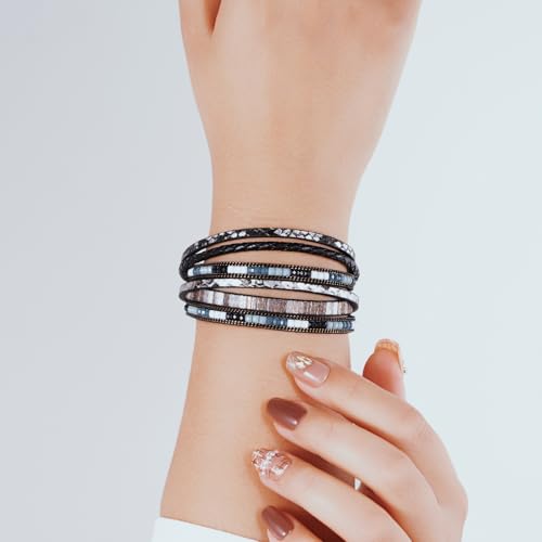 Boho Leather Wrap Bracelets Beaded Stackable Cuff Bracelet Country Concert Outfits Cowboy Cowgirl Western Jewelry Gifts for Women - color: 2layer-Black